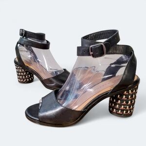 Lucky Brand Pernila Black Leather Sandals Wrap Around Ankle Heels Woven Size 7.5